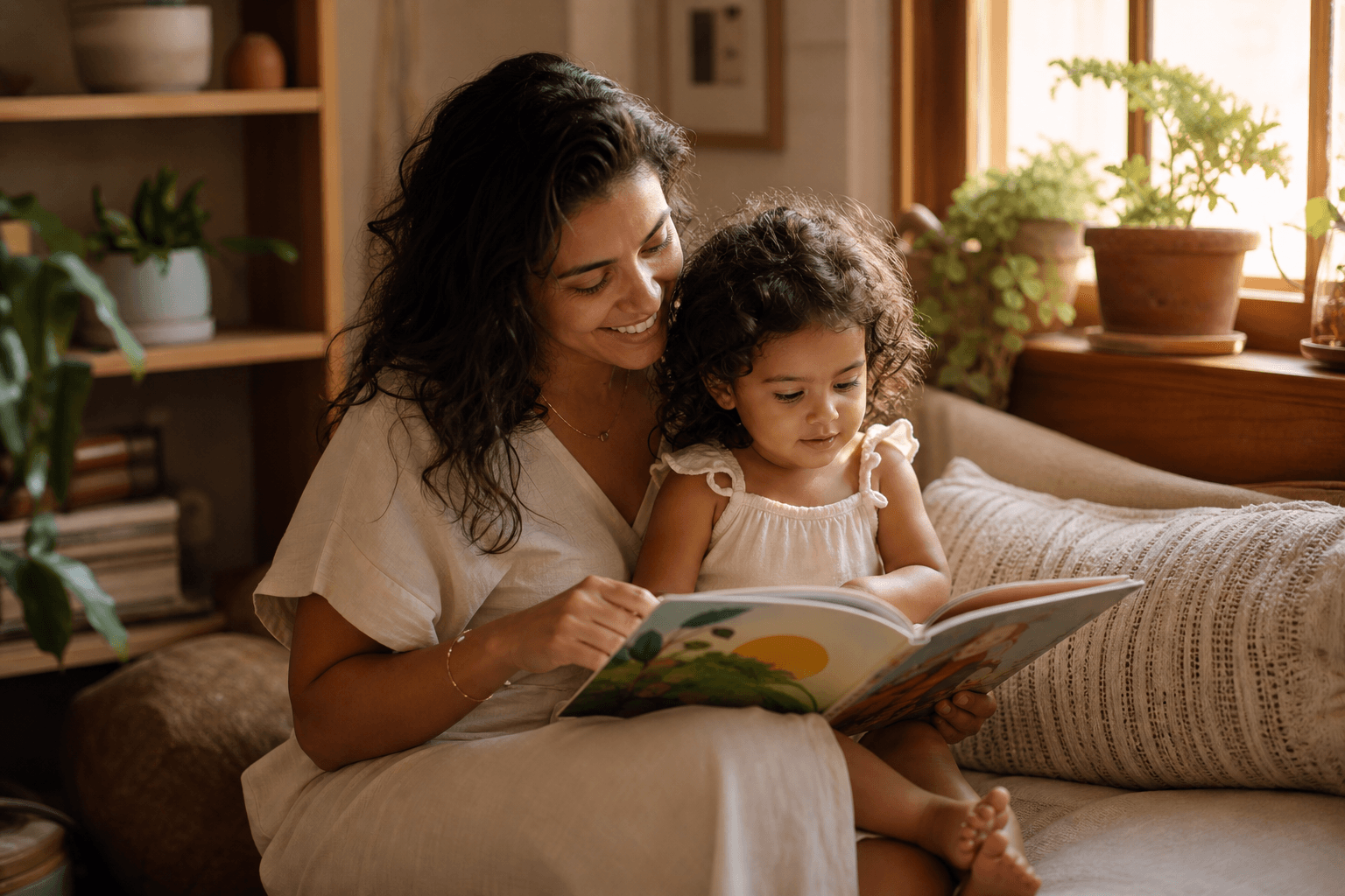 Mãe lendo um livro ilustrado junto com a filha pequena
